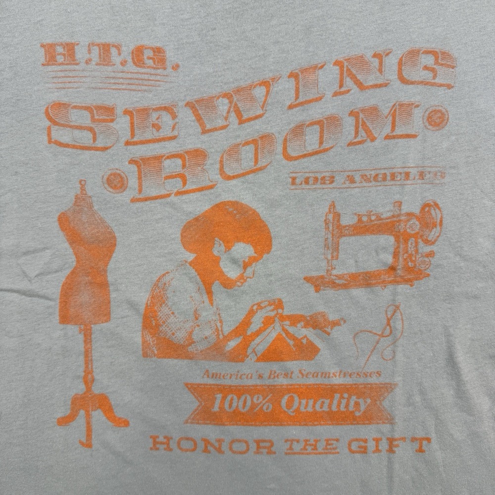 Honor The Gift Sewing Room Graphic T Shirt Womens Large Grey Orange Cotton - Picture 4 of 13